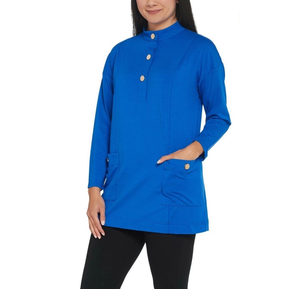 Bob‎ Mackie Tunic Top Women's Royal Blue Snap Long Sleeve Pockets Art To Wear XL